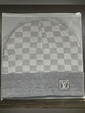 Louis Vuitton Gray Checkered Knit Cuff Beanie